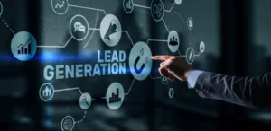 B2B lead generation concept with digital interface showing marketing icons, analytics, and a business professional interacting with a virtual dashboard