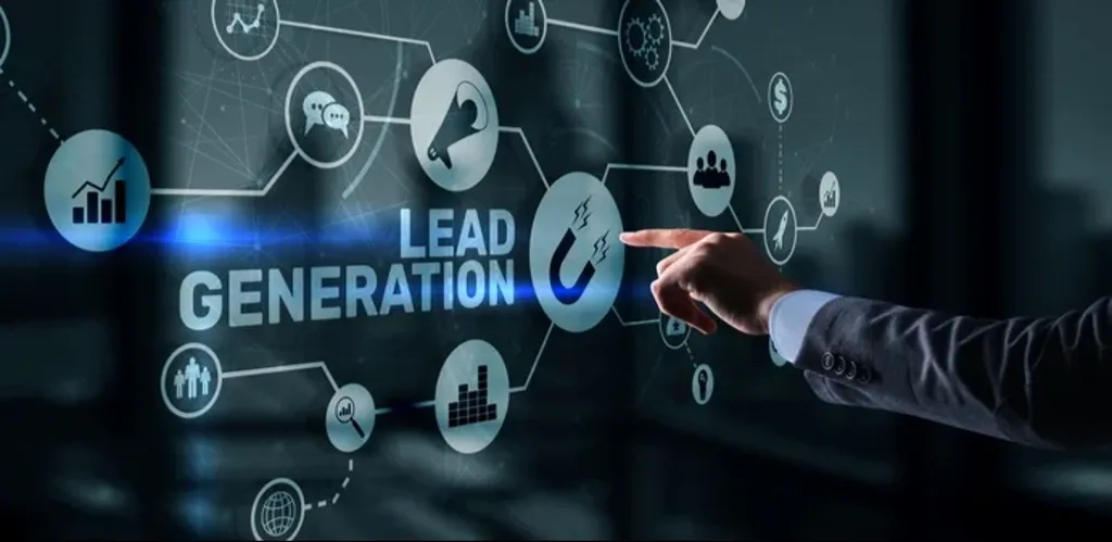 B2B lead generation concept with digital interface showing marketing icons, analytics, and a business professional interacting with a virtual dashboard